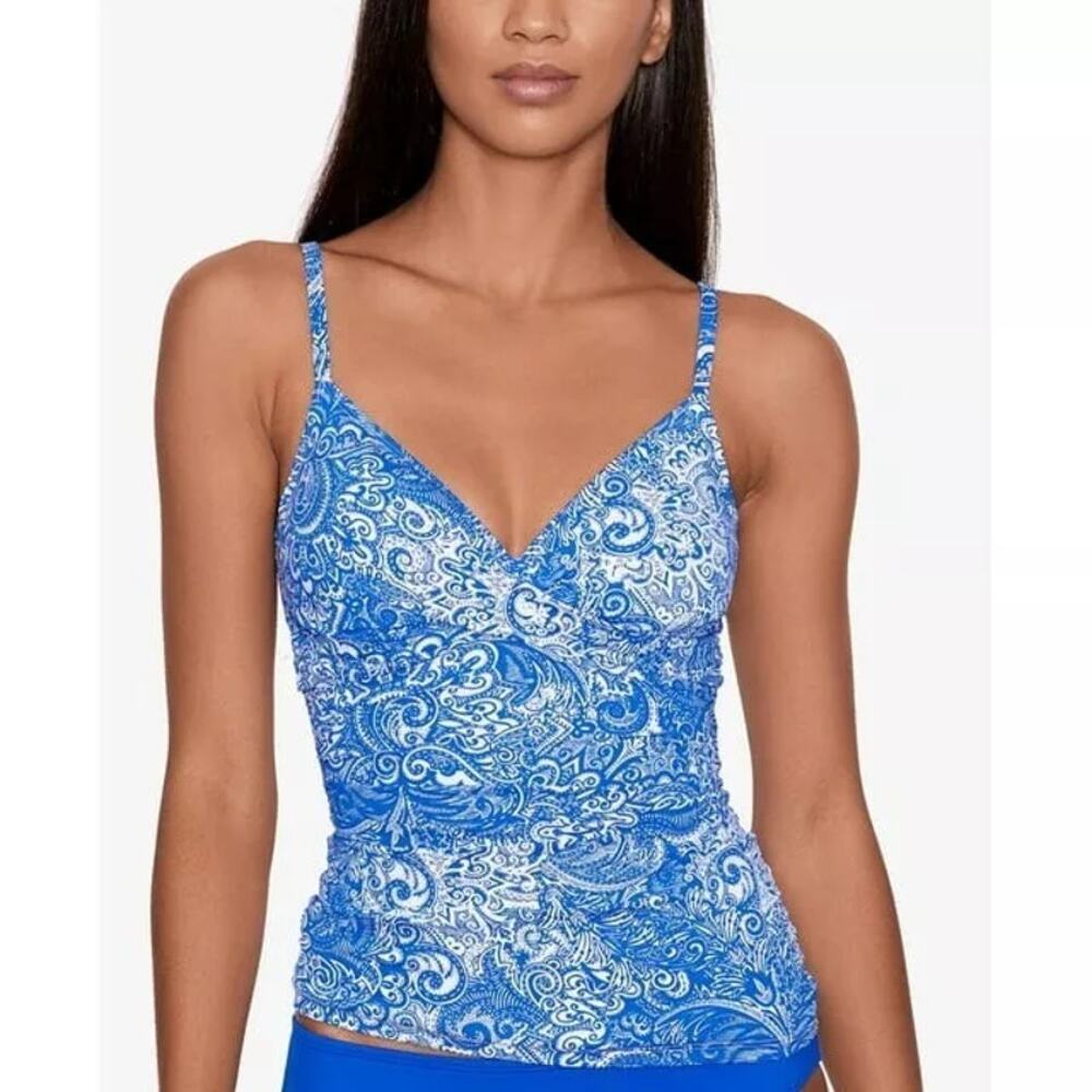 LRL Ralph Lauren Paisley Twist Front Tankini Top Blue White Underwire Size 10